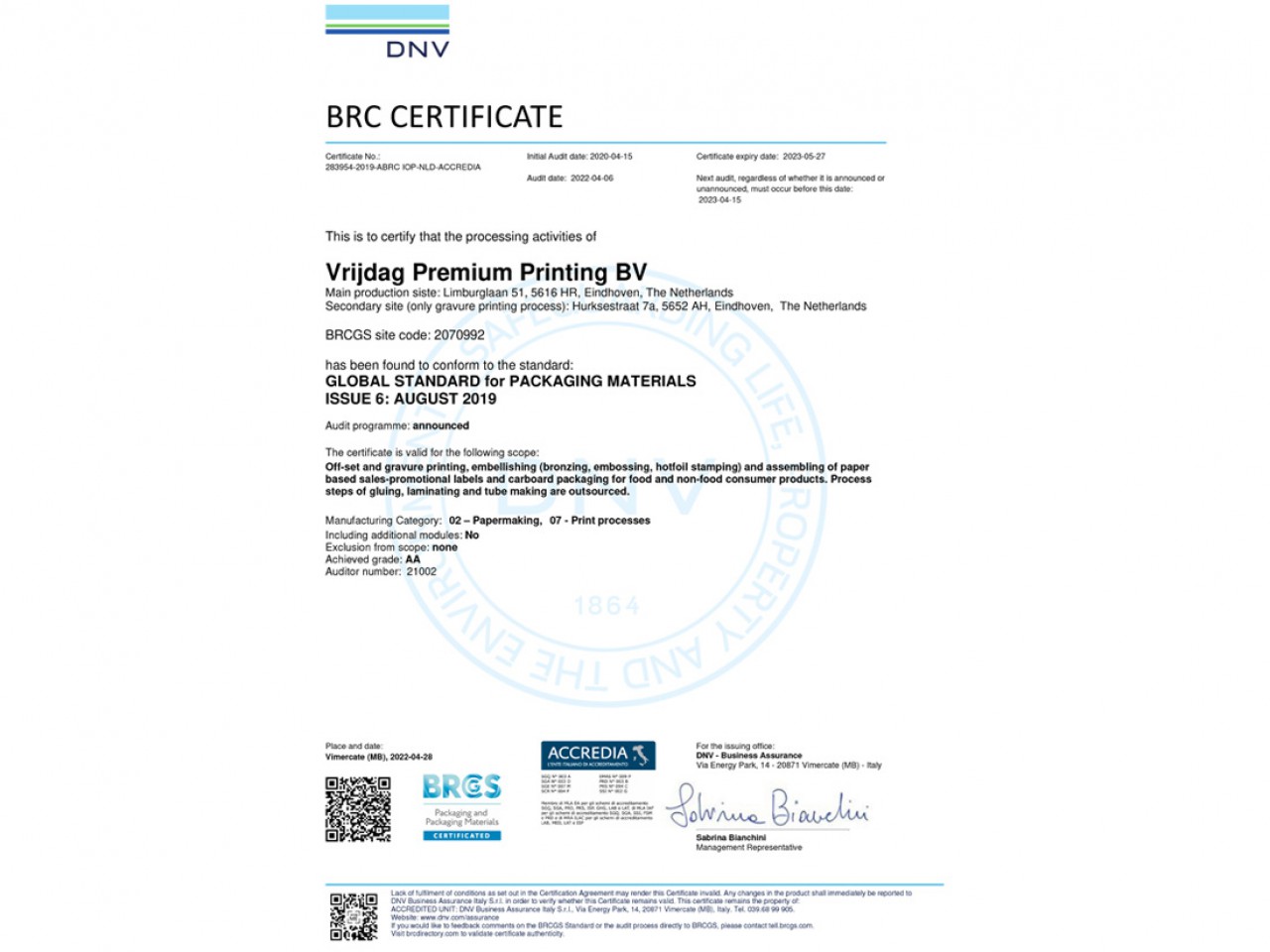 Vrijdag Premium Printing Certificat - BRCGS Packaging Materials, Issue 6 - Achieved Grade: AA