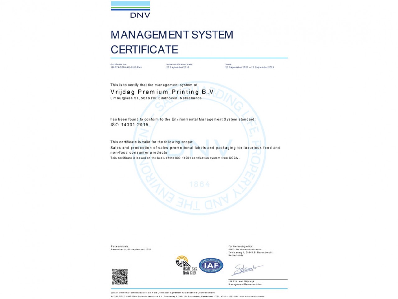 Vrijdag Premium Printing ISO 14001:2015 Environmental management system certicifat Logo