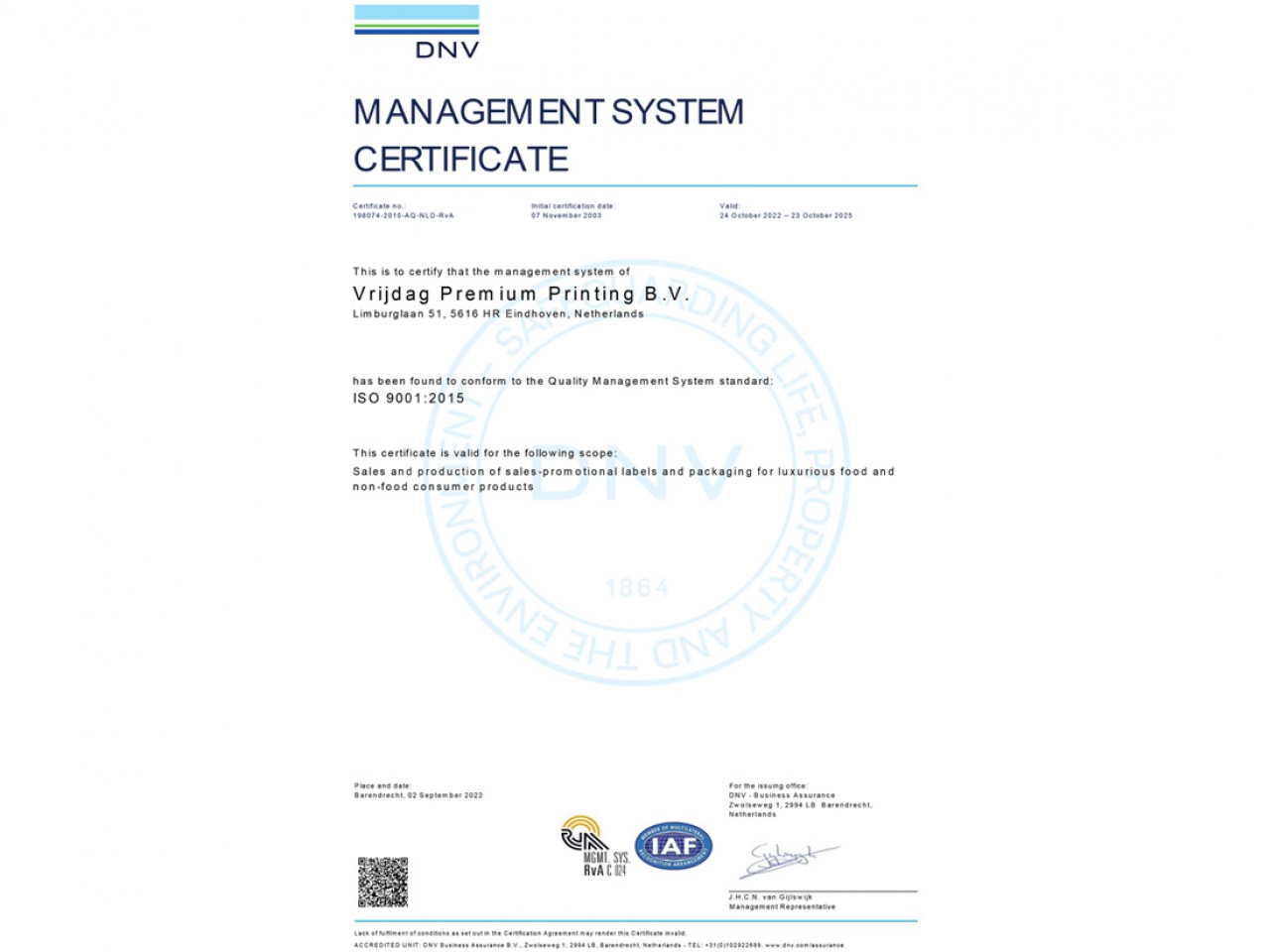 Vrijdag Premium Printing ISO 9001:2015 Quality management system certificat Logo