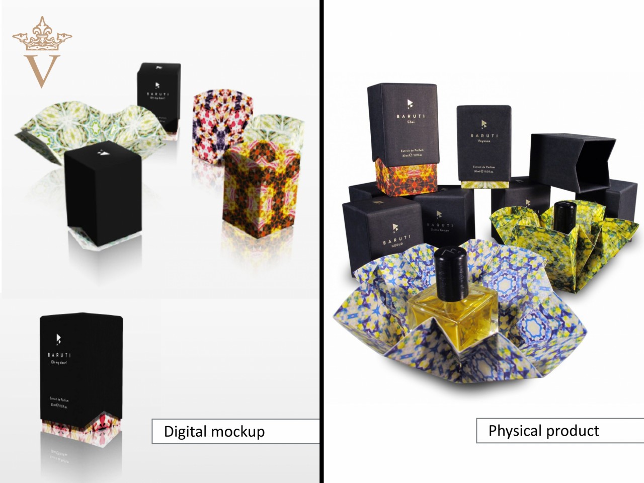 Baruti parfum - 3D digital mockup vs. physical sample