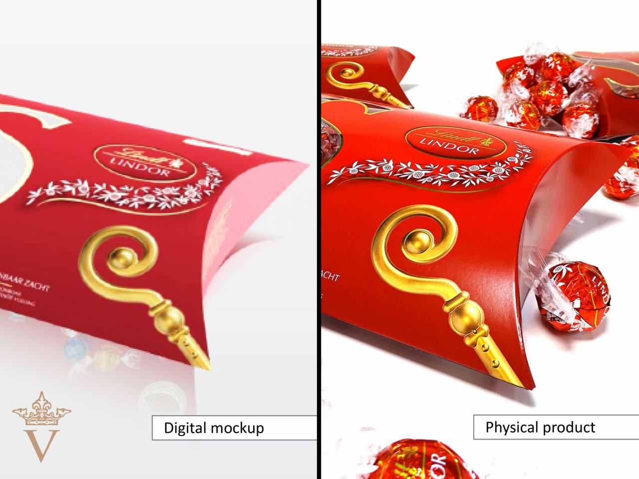 Lindt folding carton - 3D digital mockup vs. physical sample